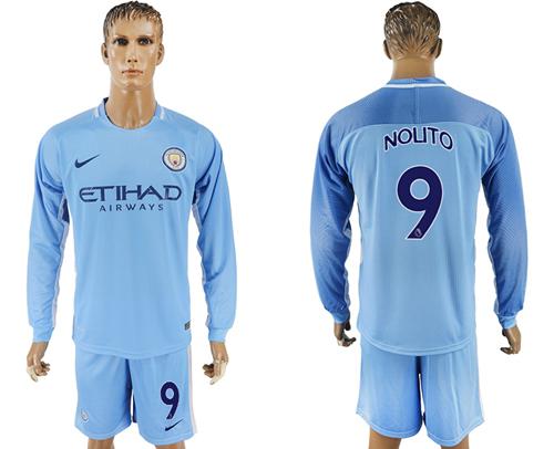 Manchester City #9 Nolito Home Long Sleeves Soccer Club Jersey